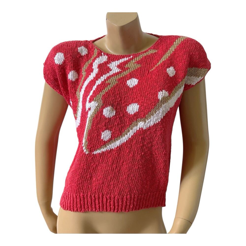 Vintage Segue Sweater Womens Medium Abstract Knit Shoulder Pads Cap Sleeve 80s